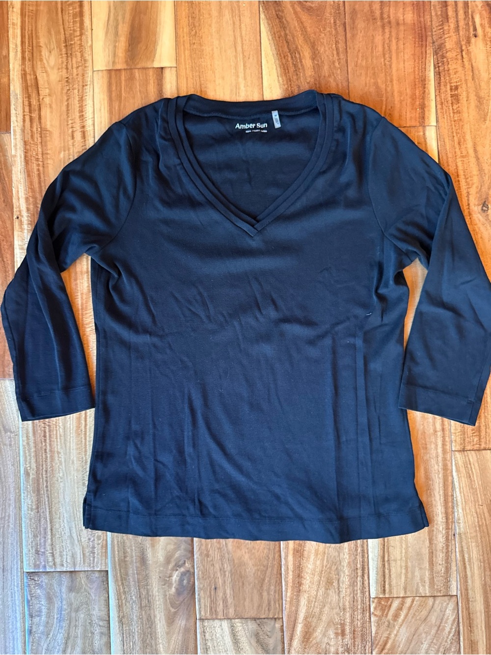 Amber Sun Black V-Neck Long Sleeve Organic Cotton Tee